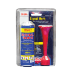 Juego de bocinas de señales – 380ml  Alcance acústico de aproximadamente 1500 m.  Instrucciones  1. Instale la bocina atornillándola en el recipiente presurizado  2. Para operar presione hacia abajo la bocina  3. La bocina de señal siempre debe usarse en posición vertical  No almacene el recipiente presurizado expuesto a la luz solar directa. No exponer a temperaturas superiores a 40o C. No perforar ni quemar, incluso después de su uso.