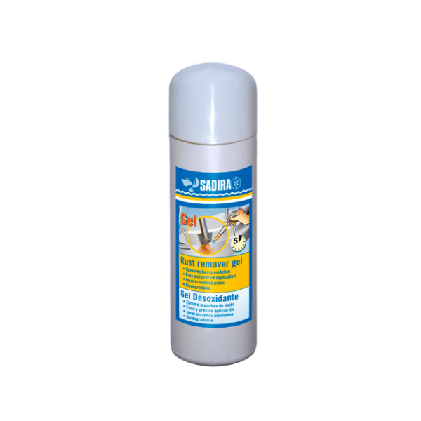 Sadira Desoxidante 500 ml Usos: Marina, hogar y jardín, automovil e industria. Modo de empleo: ♦ Limpie la superficie oxidada de restos de grasa, aceite, pinturas o suciedad. Aplique el producto con pincel, rodillo o por inmersión. Déjelo actuar desde 2 minutos a 1 hora según el estado de oxidación. Enjuague con abundante agua y seque con un paño limpio. Ya seca, la superficie inmediatamente debe protegerse contra la oxidación mediante pintura o un protector anticorrosivo. En el manipulado no use envases ni útiles metálicos o de vidrio ya que los atacaría. Sadira Desoxidante 500 ml