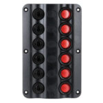 Panel de control eléctrico Wave Design con interruptores basculantes y luces LED indicadoras de encendido/apagado.