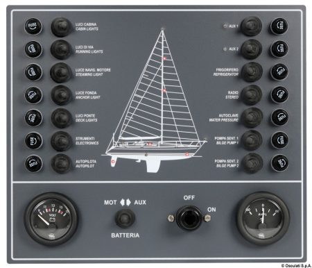 Cuadro de control eléctrico con 14 interruptores.