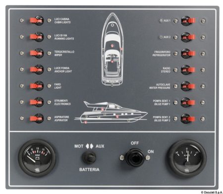 Cuadro de control eléctrico con 14 interruptores.