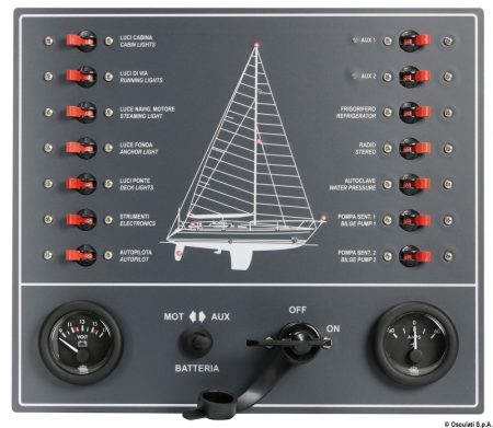 Cuadro de control eléctrico con 14 interruptores.