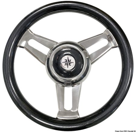 Volante con radios de acero inoxidable.